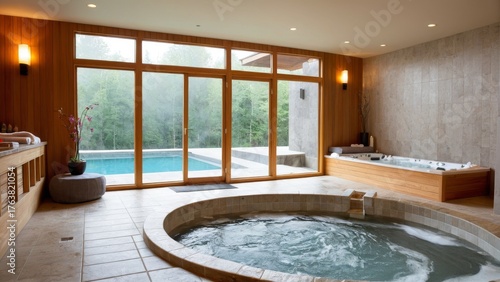 リゾートホテルや高級住宅の健康施設：木材と石材を使用したリラックス空間