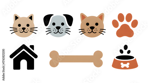 Adorable pet icons evoke love and care featuring cats dogs paw prints and a cozy home with cute
