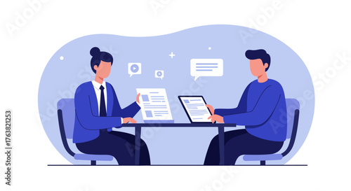 Business meeting discussion with two colleagues at a table in modern flat design