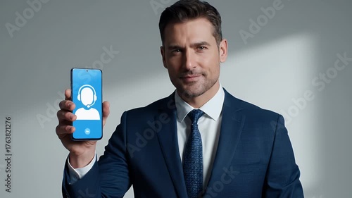 Confident Businessman in Blue Suit Holding Smartphone with Icon of Support, Against Plain Background, Studio Lighting, Professional Appeal, Modern Communication