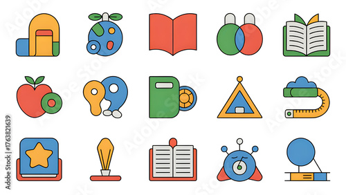 Colorful Icons Celebrating Education and Learning with Clean Line Art in a Flat Design Style