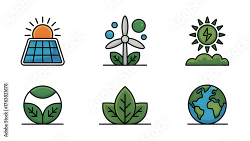 Vibrant icons celebrating renewable energy and a green future for a sustainable world clean flat