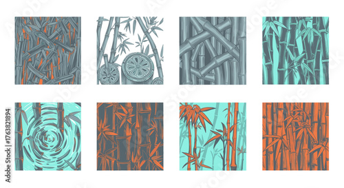 Vector  collection of eight bamboo themed designs with varying colors and artistic renderings shown here