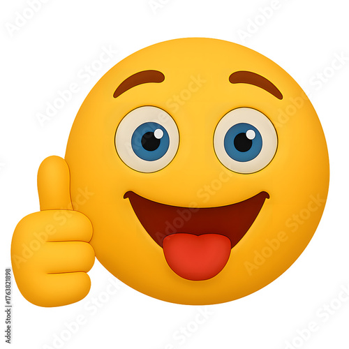 Happy yellow emoji giving a thumbs up and sticking out its tongue