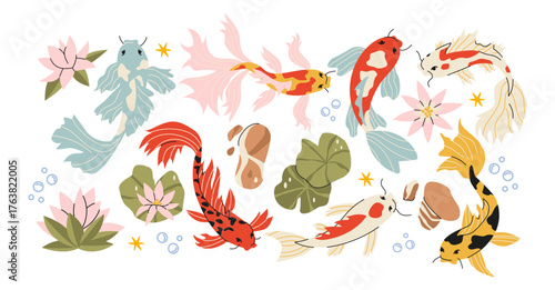 Japanese koi fish swimming in decorative garden pond in retro cartoon style. Sticker set: lotus flowers, lily pads, bubbles, calm water. Zen nature concept, illustration in funky, doodle style.