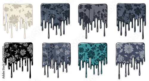 Vector  eight floral patterned rectangles with dripping paint effect in various color palettes