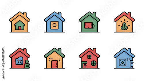 A whimsical row of vibrant cartoon houses each telling a tiny tale of home and belonging with bright