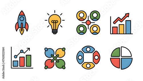 Business icons sparking innovation and teamwork charting growth in a digital colorful flat design
