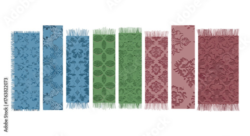 Vector  various textured rectangular strips with fringe in different colors and patterns aligned vertically