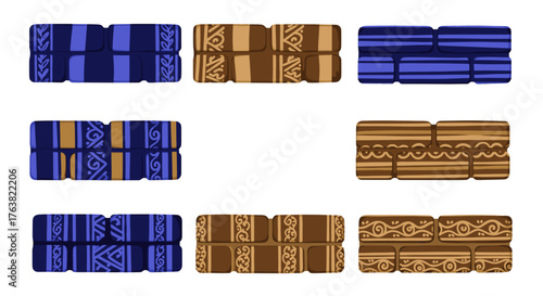 Vector  assorted patterned blocks in blue and brown hues arranged in a grid formation display artwork