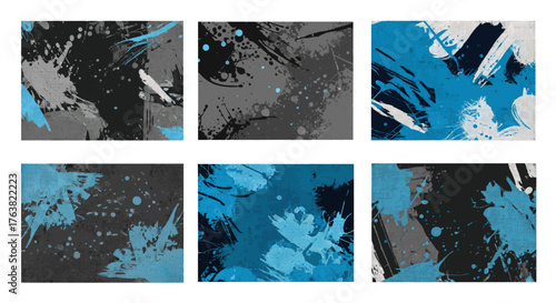 Vector  six abstract artistic panels featuring splashes and brushstrokes in shades of blues and grays
