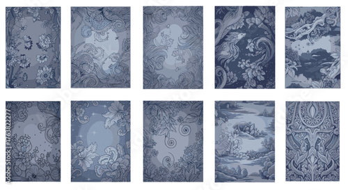 Vector  collection of ten vertical panels displaying intricate designs with floral and fantasy motifs