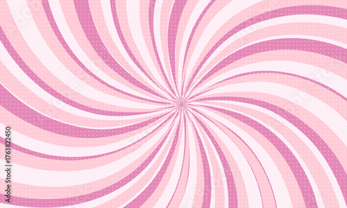 Pink ice cream and candy swirl background, lollipop vortex patterns intermixed with strawberry and circus elements. Retro spiral design. vector illustration