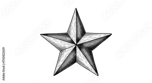 Vector  illustration of a five pointed star with shading and hatching details on a plain surface