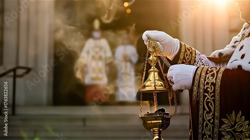 A person in ceremonial robes swinging a censer, smoke rising during a religious ritual.