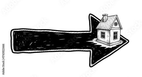 Vector  illustration of a house attached to the end of a large black arrow pointing to the right