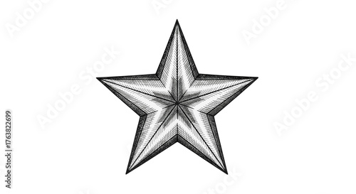 Vector  illustration of a five pointed star with detailed shading and hatching technique drawing style