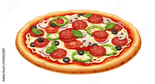 Vector  a delicious looking pizza topped with pepperoni, olives, peppers and other vegetables is shown