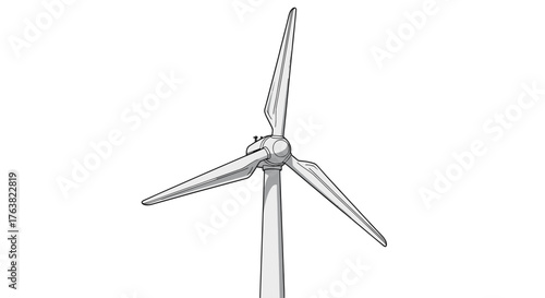 Vector  illustration of a wind turbine with three blades against a plain setting, viewed from below angle
