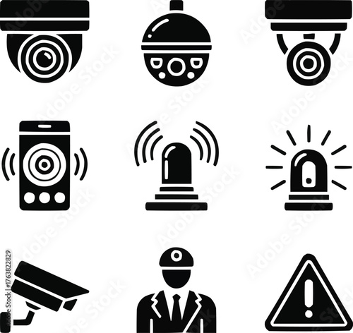 CCTV and Security Glyph Icons Surveillance System and Intrusion Detection Signs