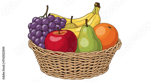 Vector  a wicker basket filled with an assortment of fresh fruits including grapes apple bananas and citrus