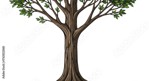 Vector  illustration depicting a tall tree with a textured trunk and green leaves on its branches above
