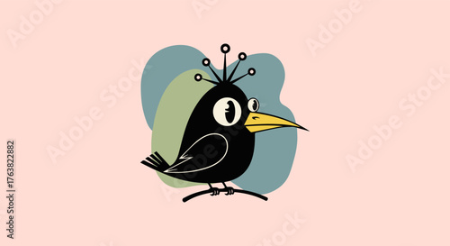 Whimsical cartoon black bird with big eyes and yellow beak