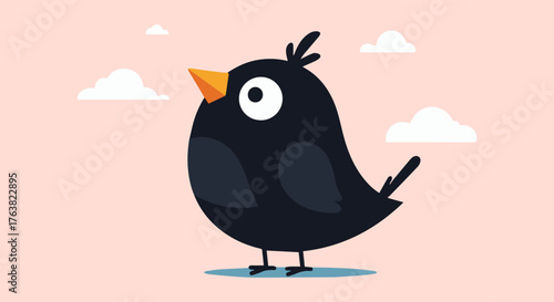 Cute cartoon black bird with orange beak and fluffy clouds