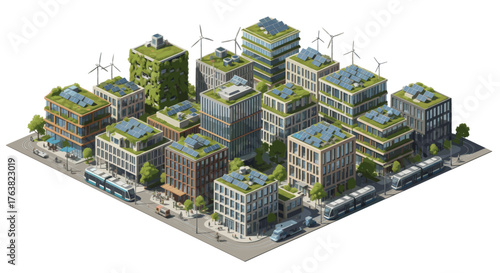 Vector  isometric view of a sustainable city with solar panels, wind turbines, and green rooftops design
