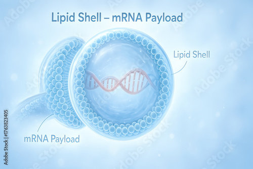 Lipid shell mRNA payload herniated disc health awareness concept presented as medical illustration showing spherical lipid particle with nucleic acid strand inside conveying treatment and education
