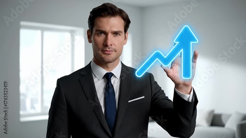 Confident Businessman in Dark Suit With Blue Arrow Hologram Displayed On Gray Background In Minimalist Interior Financial Success Concept Visual