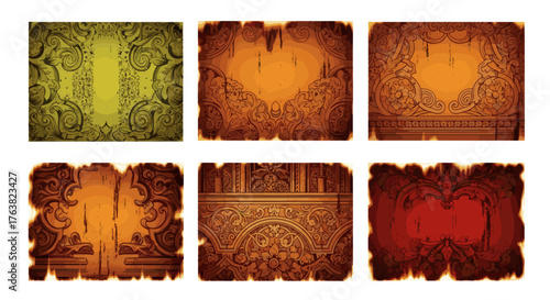 Vector  collection of six parchment papers with ornate designs and aged textures in various colors