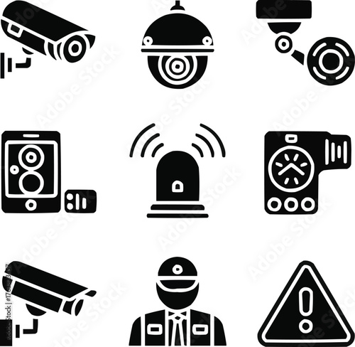 CCTV and Security Glyph Icons Surveillance System and Intrusion Detection Signs