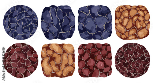 Vector  assortment of eight stylized stones in oval and rectangular shapes with varied textures and colors