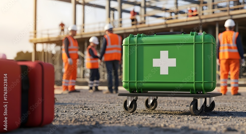 Obraz premium Essential construction site safety with a vital first aid kit ready for emergencies amidst busy workers and ongoing building.