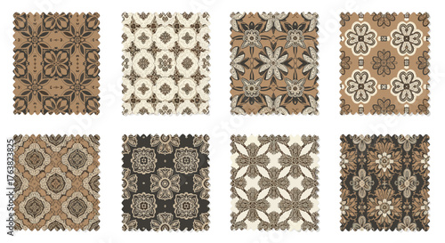 Vector  displaying eight fabric samples with intricate floral and geometric patterns in varying colors