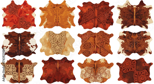 Vector  collection of twelve animal hides with various patterns and colors arranged in a grid format