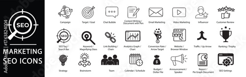 Creative icons for advertising, SEO, and online marketing campaigns. Includes chart, megaphone, and target elements.