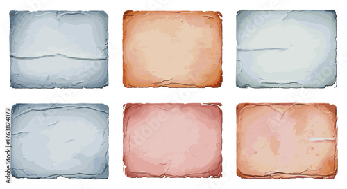 Vector  collection of six variously colored and textured aged paper sheets in a rectangular format