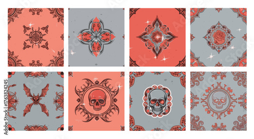Vector  collection of eight tarot card back designs featuring skulls, roses, bats, and ornate designs