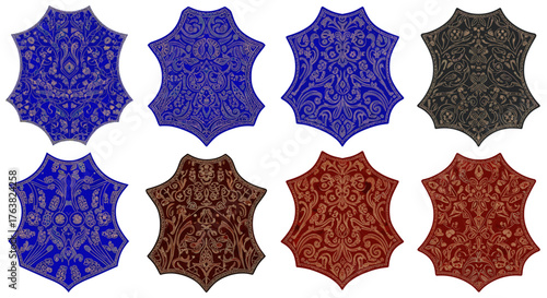 Vector  collection of eight patterned bodices in various colors displayed in a symmetrical arrangement