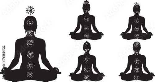 Meditating Figure with Chakra Alignment Silhouettes