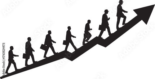 Business People Walking Up a Growth Graph Arrow Silhouettes