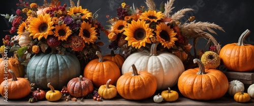 Vibrant Autumn Harvest with Colorful Pumpkins and Fall Flowers