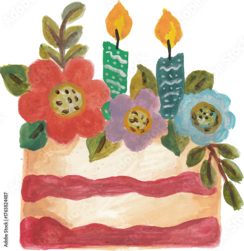 Watercolor Birthday Cake with Floral Decor and Lit Candles
