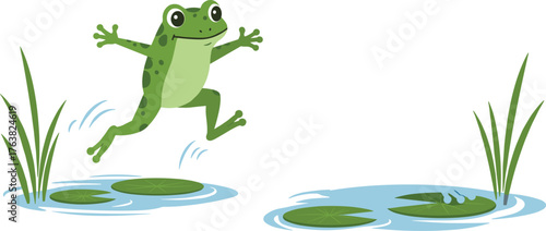 Cartoon frog jumping across lily pads, playful amphibian motion, water ripples, nature scene, vector illustration, cute animal, pond grass, spring vibe