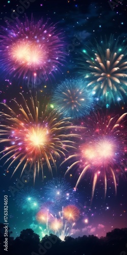 Dazzling display of fireworks bursting in a variety of colors against the night sky, symbolizing celebration festivity