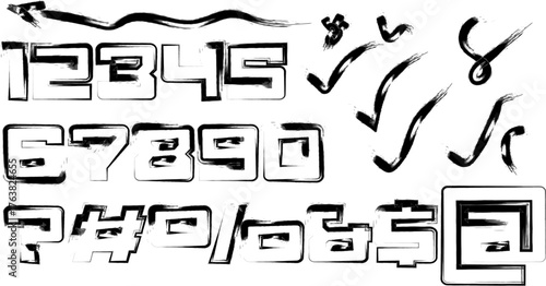 Distressed Black Brush Stroke Font Including Numbers and Symbols Set