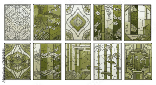 Vector  collection of ten rectangular panels depicting floral and geometric designs in shades of green
