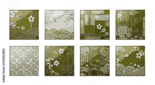 Vector  assortment of eight decorative panels with floral and geometric designs in green and silver tones